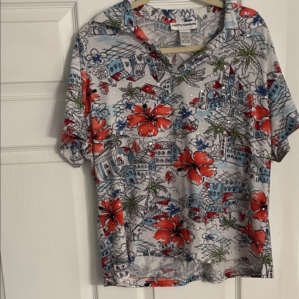 Cathy Daniels Red and Blue Floral Shirt